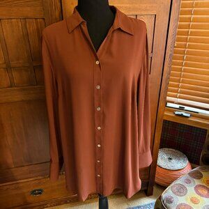 Chico's Long Sleeve Pleated Crepe Blouse in Rust Color